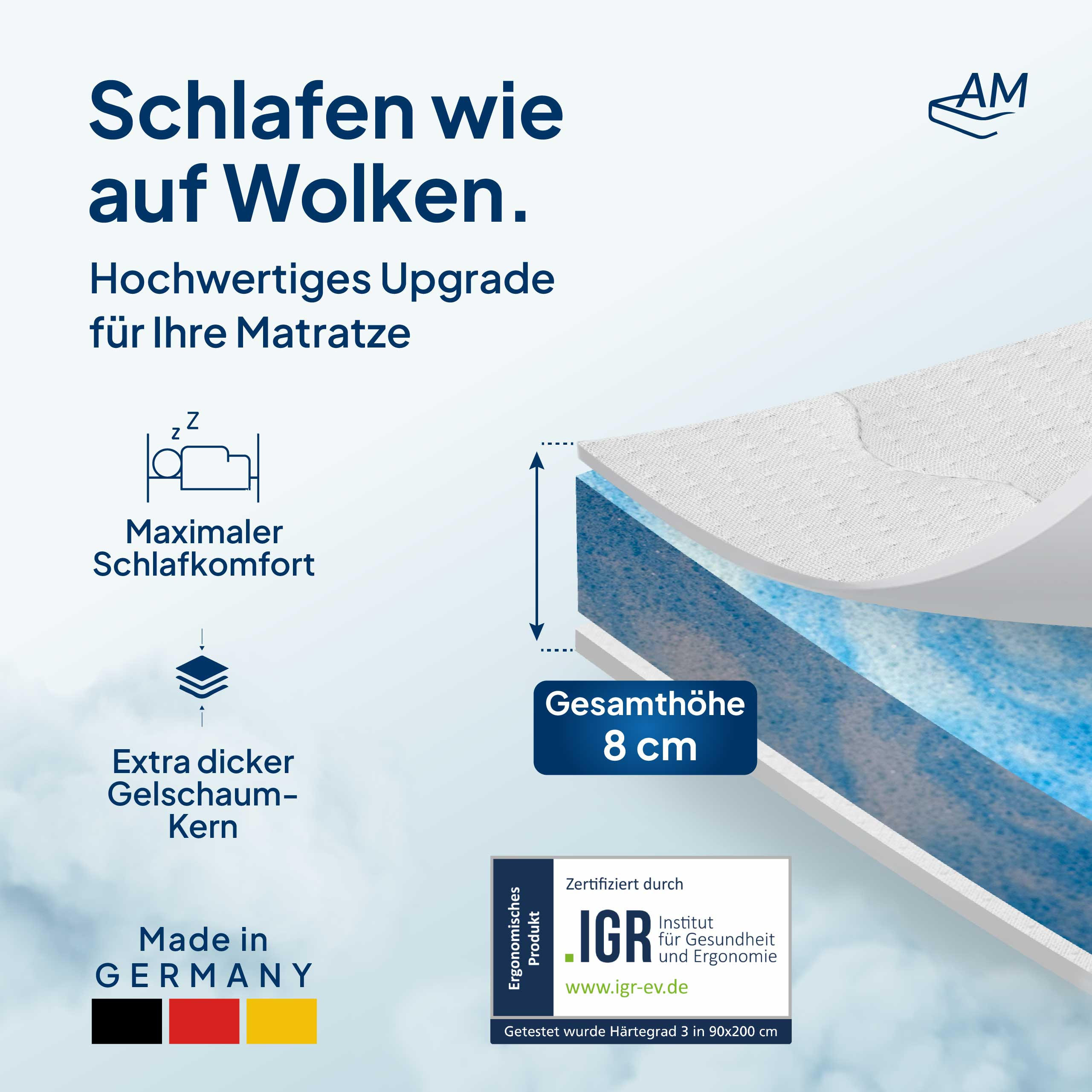 Thumbnail - AM Qualitätsmatratzen Gelschaum, Weiß, Textil, Uni, Füllung: Viskoelastischer Kern, Rechteckig, 80x200 cm, Bezug rundum ...