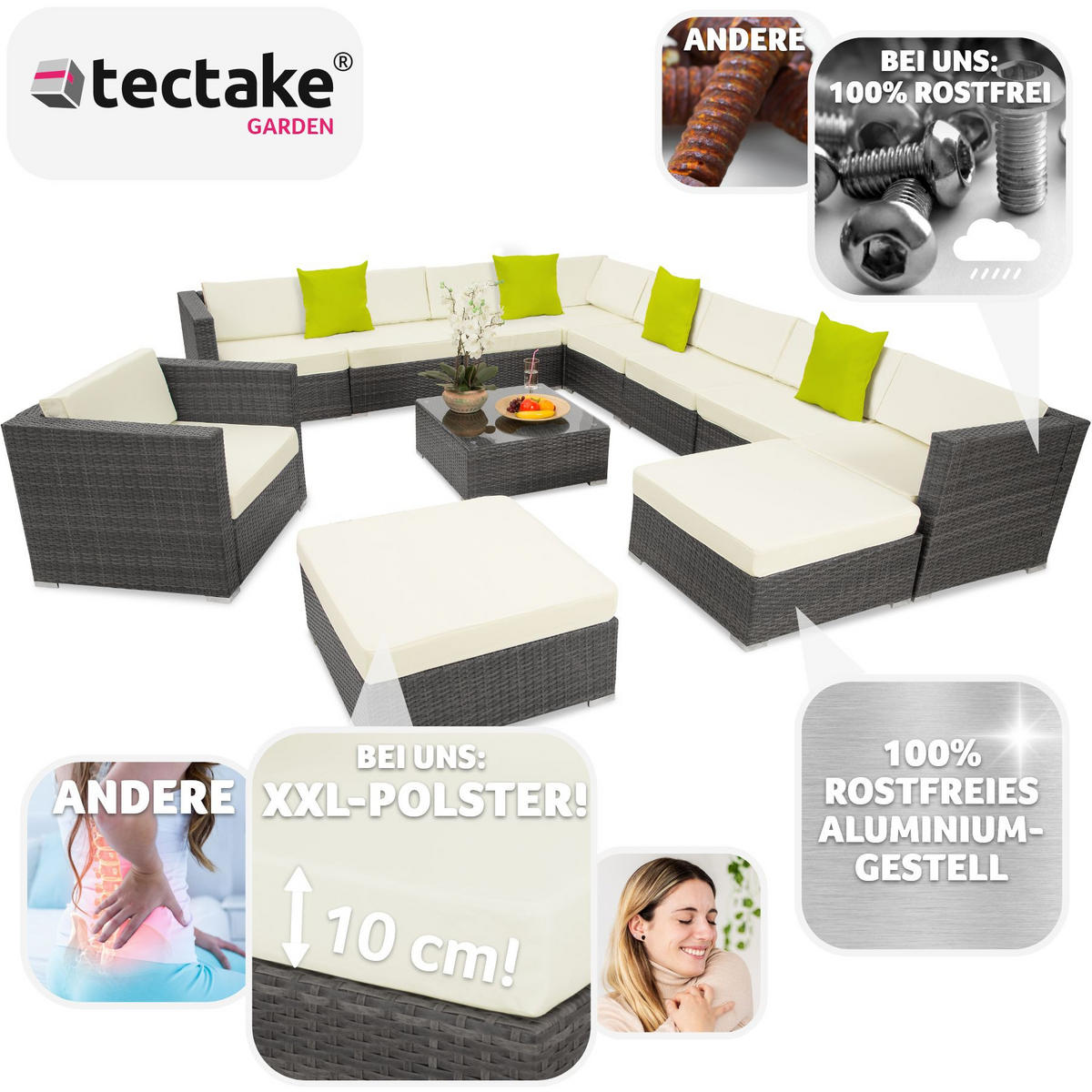RATTANLOUNGE Las Vegas,mit Sicherheitsglasplatte,grau - Grau, Kunststoff - tectake