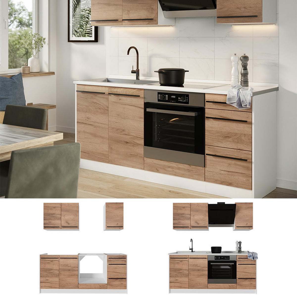 SINGLEKÜCHE R-Line, Goldkraft Eiche/Weiß, 180 cm ohne Arbeitsplatte - Honigeiche/Weiß, Holzwerkstoff (180/206.8/46cm) - Vicco