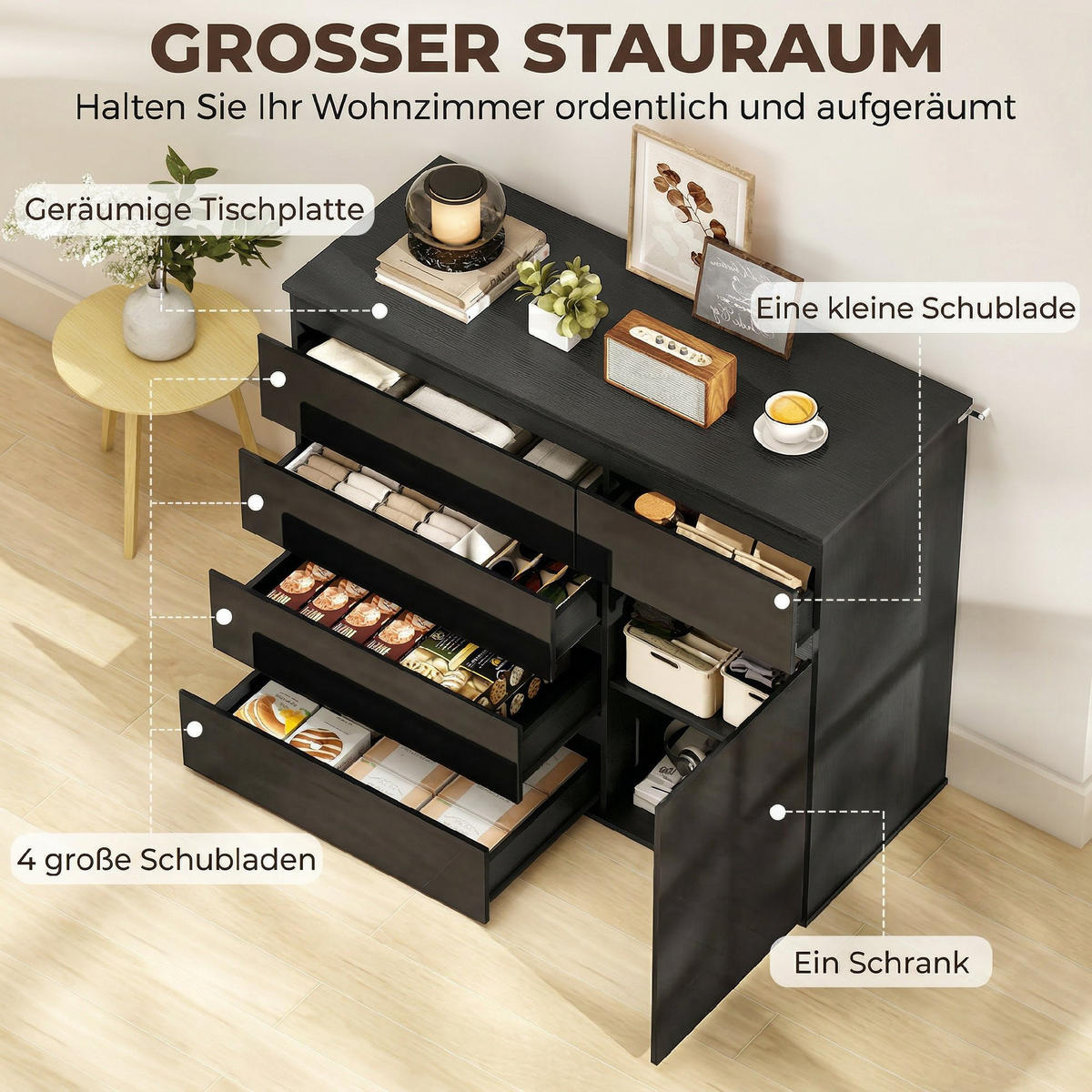 SIDEBOARD Schwarz Hochglanz mit 5 Schubladen und Soft-Close-Tür - Schwarz, Holzwerkstoff (100/80/40cm) - PANGIVO