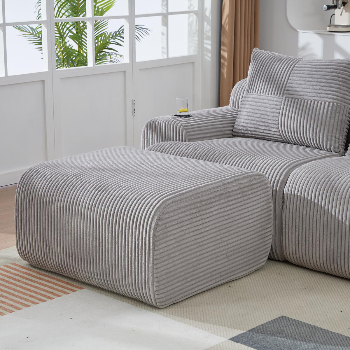 WOHNLANDSCHAFT Cord Hellgrau mit 2 Hocker, Cupholder und Aufbewahrungstasche - Hellgrau, Textil (268/80/174cm) - WISHDOR