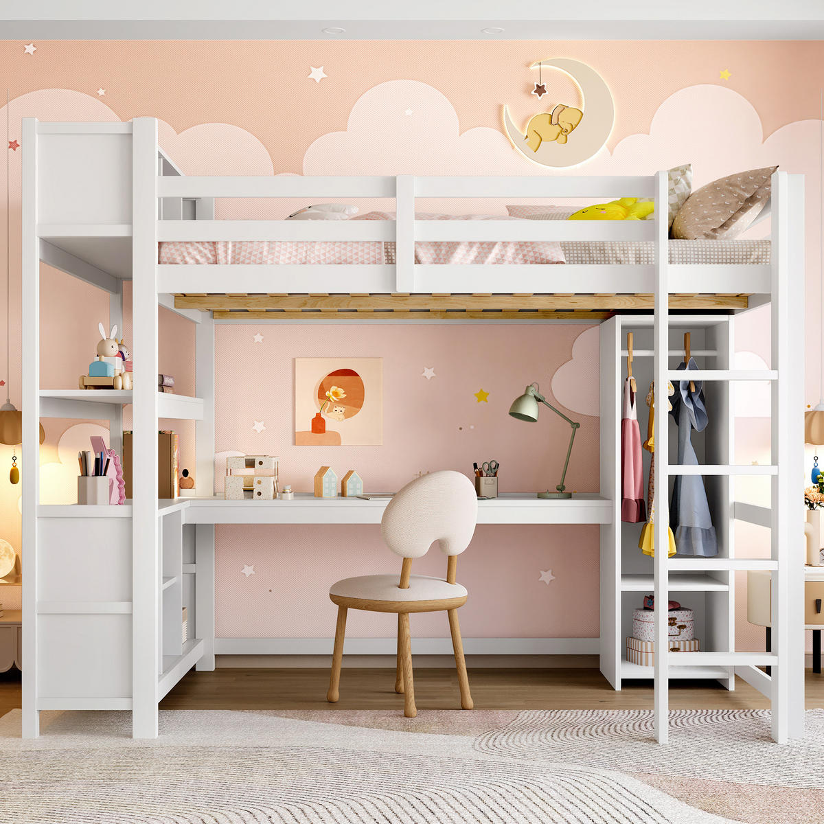 HOCHBETT 140/200 cm Weiß mit Schreibtisch und Regalen - Weiß, Holz (140/200cm) - OKWISH