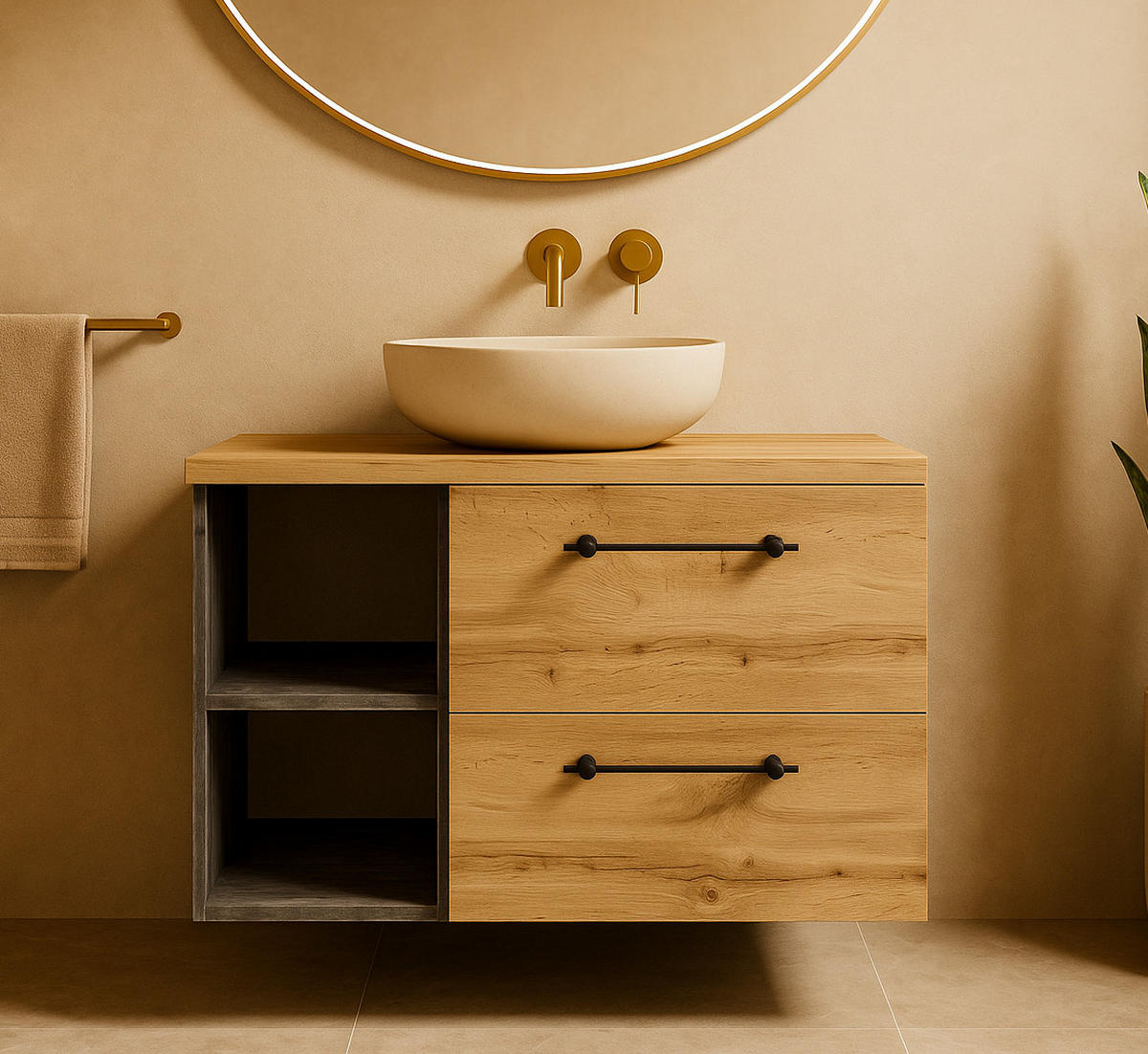 WASCHBECKENUNTERSCHRANK Muro 2 Schubladen Eiche - 90 x 45 x 61 cm - Eichefarben, Holz (90/61/45cm) - Badplaats