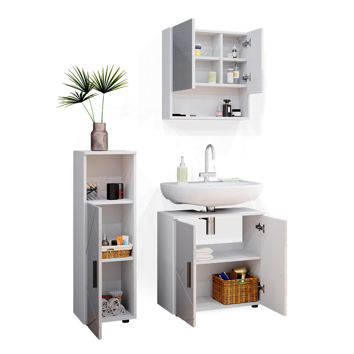 BADMÖBEL-SET Ronco Weiß Hochglanz 3 Teile - Weiß Hochglanz/Weiß, Holzwerkstoff (60/192/30cm) - Livinity®