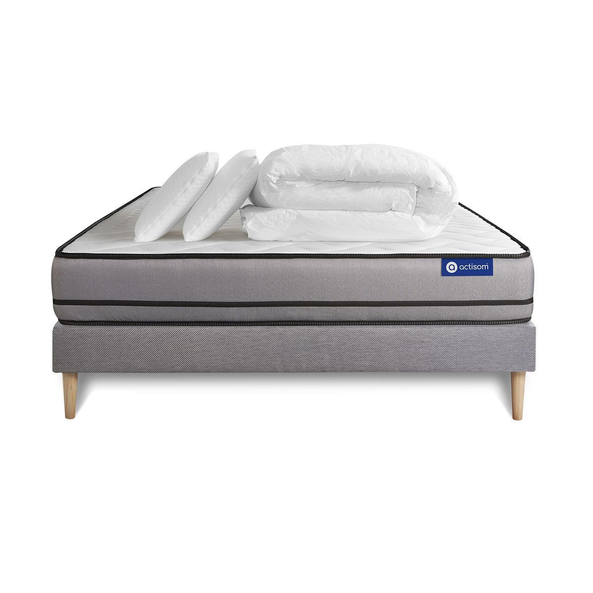 BETT Actimemo night Memory-Schaum 180 x 200 cm h4 - Kit Bettgestell Grau - Mit Kissen und Bettdecke - Beige/Grau, Karton/Holz (180/200cm) - ACTISOM