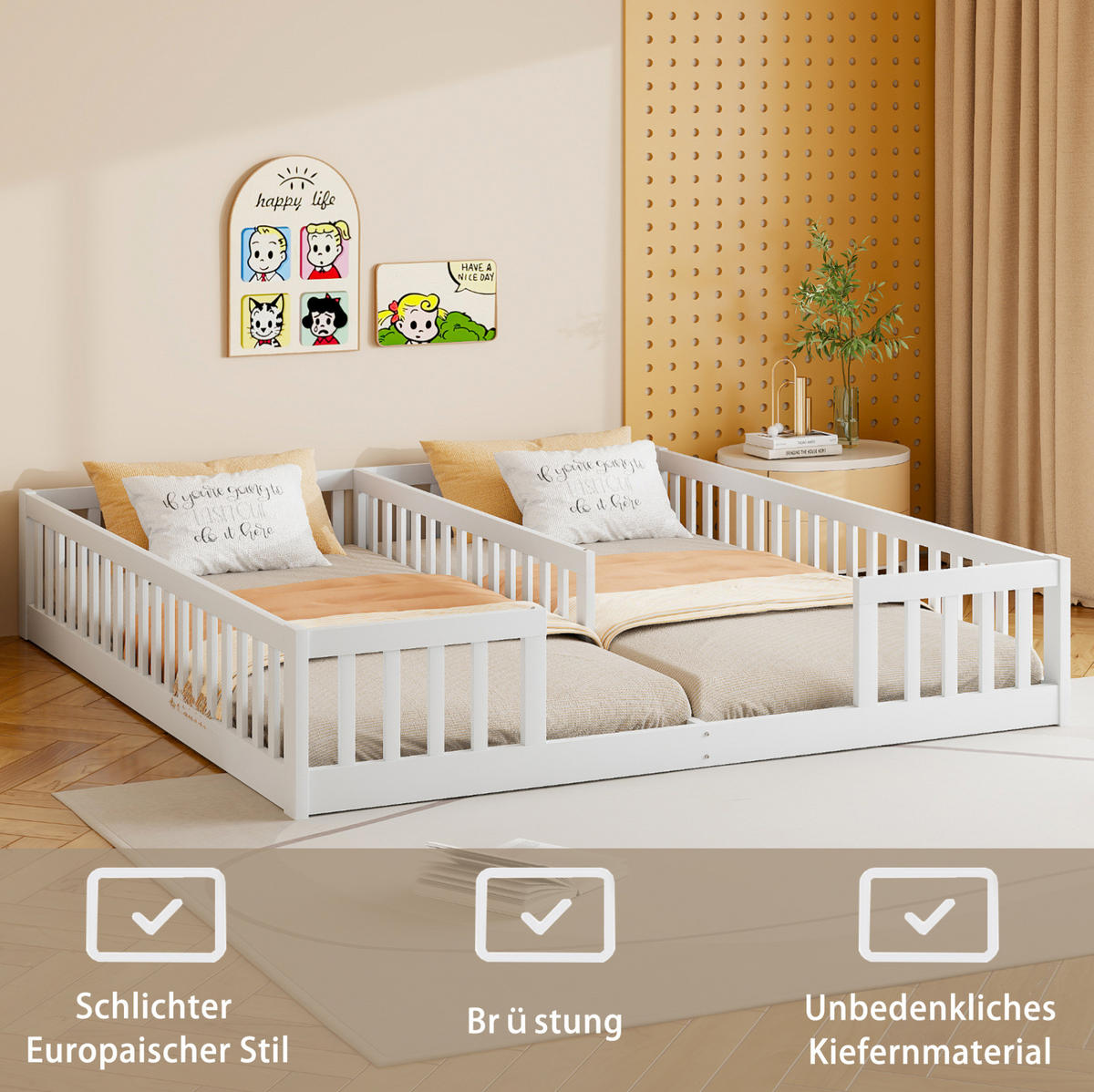 KINDERBETT 204/187/40 cm mit 2 Liegeflächen 90/200 cm und Sicherheitsgitter - Weiß, Holzwerkstoff (90/200cm) - BEAOK