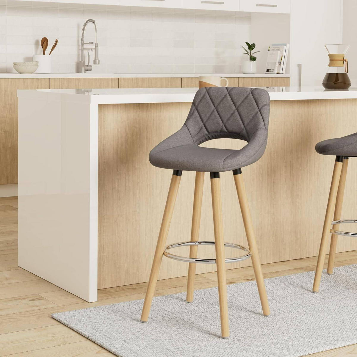 BARHOCKER 2er Set, aus Leinen, Holzgestell, Dunkelgrau - Dunkelgrau/Buchefarben, Holz/Textil (43/91/43cm) - Woltu
