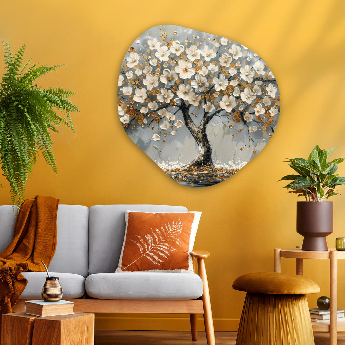 WANDBILD Baum - Gold - Blumen - Abstrakt - Kunst 90x90 cm - Goldfarben, Kunststoff (90/90cm) - MuchoWow