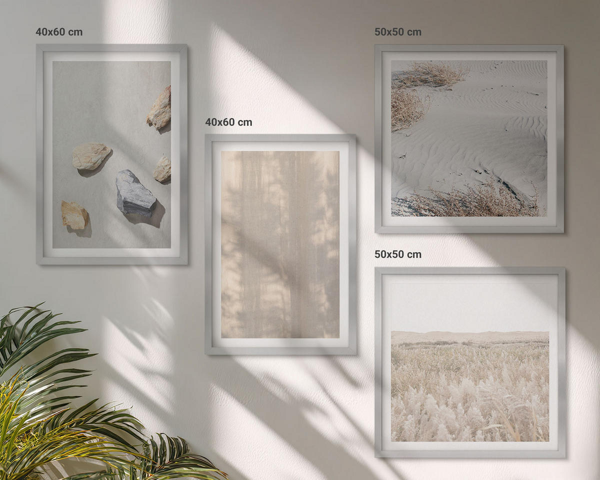 WANDBILDER 4er Set - 50x50 cm & 40x60 cm Silberner Rahmen - Boho-Naturtexturen - Silberfarben, Kunststoff (50/50cm) - ArtPrintCave