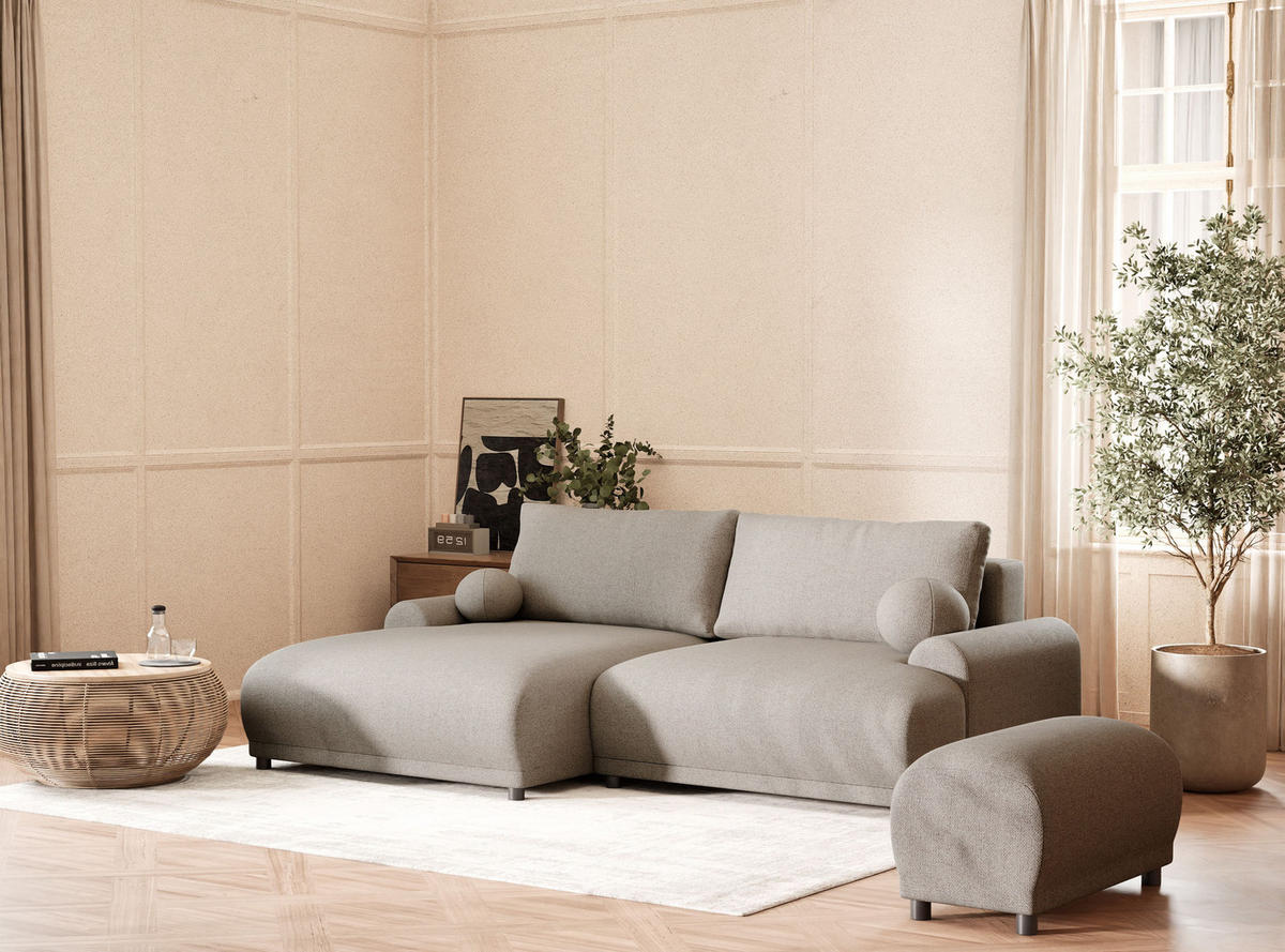 ECKSOFA MIT SCHLAFFUNKTION Tallin Seidengrau Webstoff - Links Seite - Greige/Schwarz, Holz/Holzwerkstoff (145/240cm) - Maison de Reve