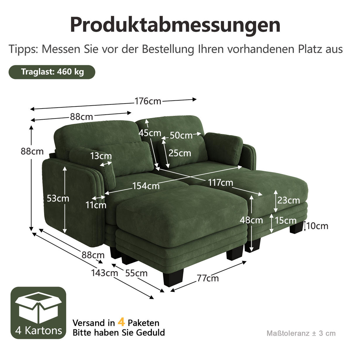 2-SITZER-SOFA mit 2 Ottomanen, DE-42686, Grün - Grün, Holz (176/88/143cm) - ComfortXL