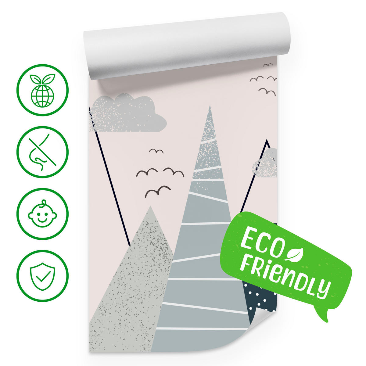 FOTOTAPETE für Kinder Berge im skandinavischen Stil 300x210 - Beige/Schwarz, Papier (300/210cm) - Muralo