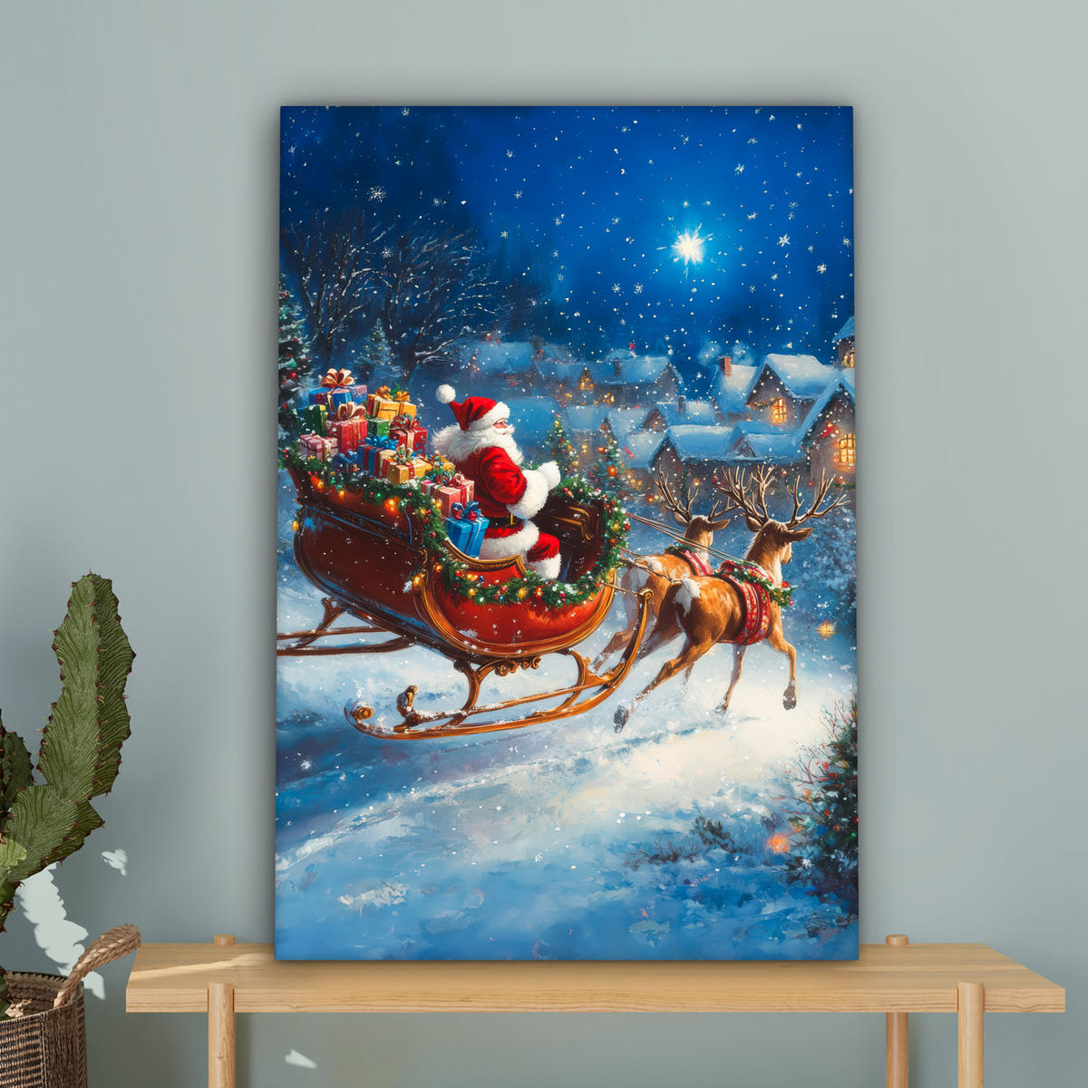 LEINWANDBILD Weihnachtsmann - Rentier - Weihnachten - Schnee 40x60 cm - Cognac, Textil (40/60cm) - MuchoWow