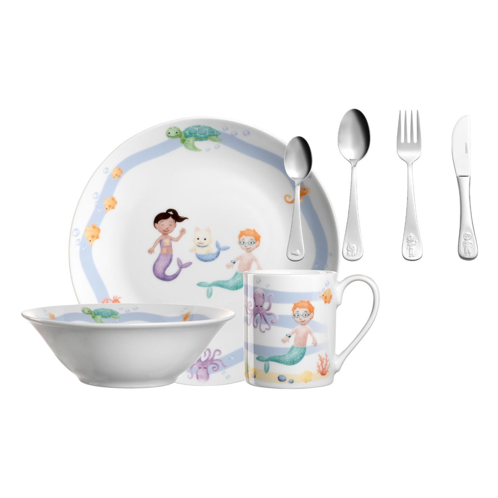 KINDERGESCHIRR SET MIT BESTECK BAMBINI AVVENTURA Meer - Hellblau, Keramik/Kunststoff (1/1/1cm) - Leonardo Living