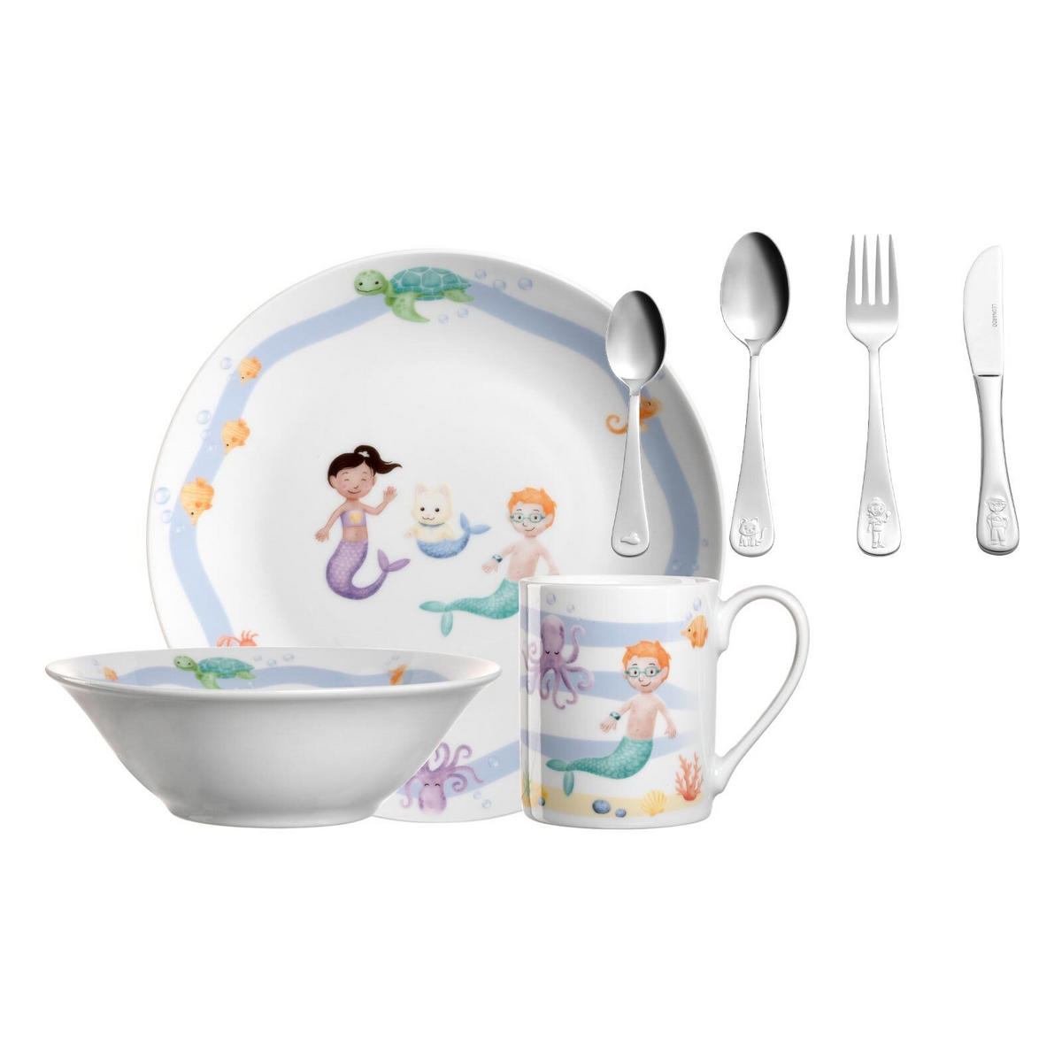 KINDERGESCHIRR SET MIT BESTECK BAMBINI AVVENTURA Meer - Hellblau, Keramik/Kunststoff (1/1/1cm) - Leonardo Living