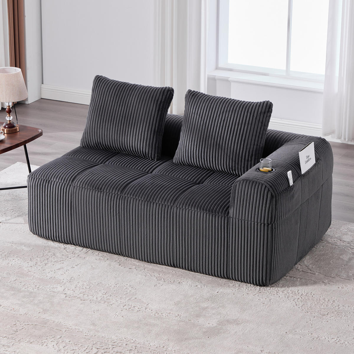 2-SITZER Sofa Cordstoff mit Seitenfächern und Becherhaltern 158/93/61 cm Dunkelgrau - Dunkelgrau, Textil (93/61/158cm) - Redom