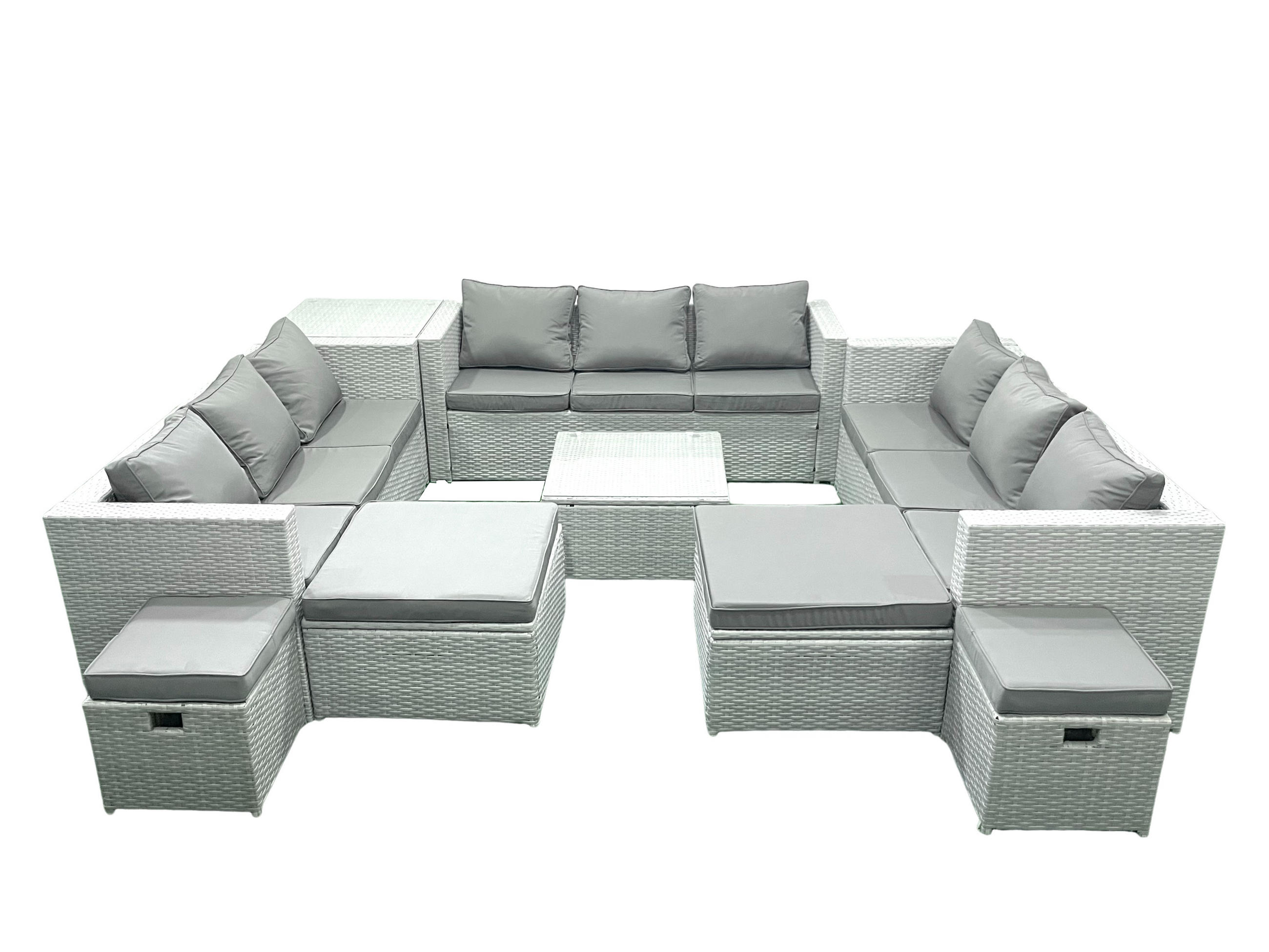 GARTENMÖBELSET mit 3-SITZER SOFA,COUCHTISCH Polyrattan Hellgrau-Mix 13-Sitzer - Hellgrau/Grau, Glas/Kunststoff - Fimous