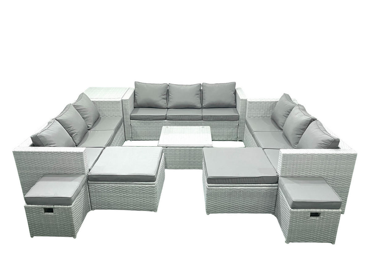 GARTENMÖBELSET mit 3-SITZER SOFA,COUCHTISCH Polyrattan Hellgrau-Mix 13-Sitzer - Hellgrau/Grau, Glas/Kunststoff - Fimous