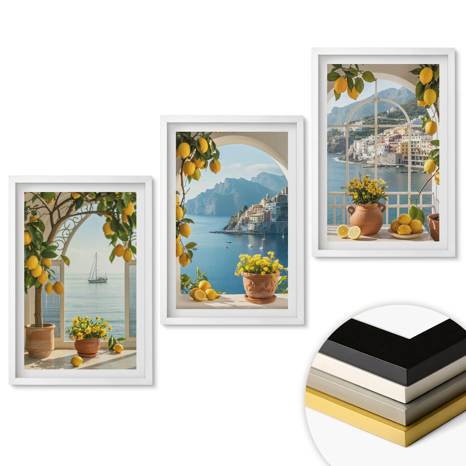 WANDBILDER 3er-Set - 40x60 cm Weißer Rahmen - Zitronenblumen aus der Küstenstadt - Weiß, Kunststoff (40/60cm) - ArtPrintCave