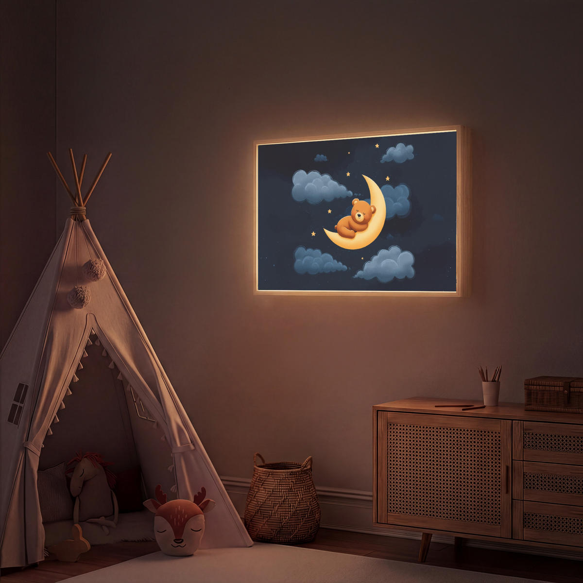 NACHTTISCHLAMPE MIT AKKU Teddybär - Mond - Wolken - Sterne 100x70 cm - Dunkelblau, Holzwerkstoff (8/100/70cm) - OnlyWow