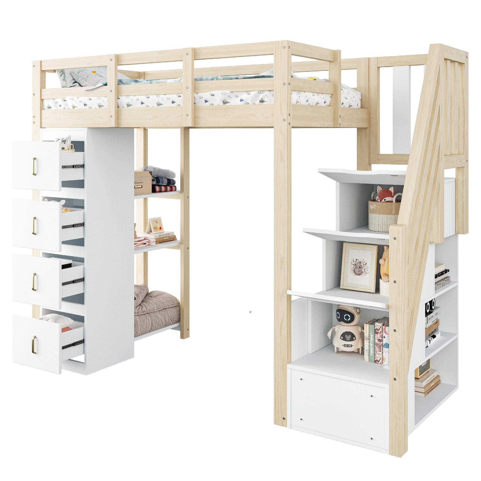 HOCHBETT 90/200 cm in Naturholz mit 4 Schubladen, Regal und Sicherheitsleiter - Weiß/Naturfarben, Holz/Holzwerkstoff (90/200cm) - WISHDOR