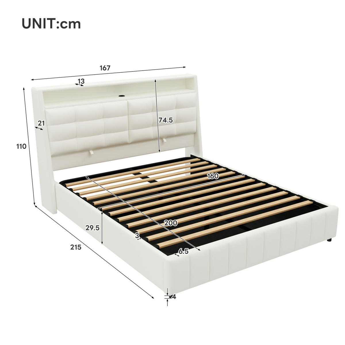 POLSTERBETT aus MDF, Sperrholz und PU 160x200 cm Weiß mit Stauraum, LED-Beleuchtung und USB-Anschluss - Weiß, Textil (160/200cm) - IVMEU