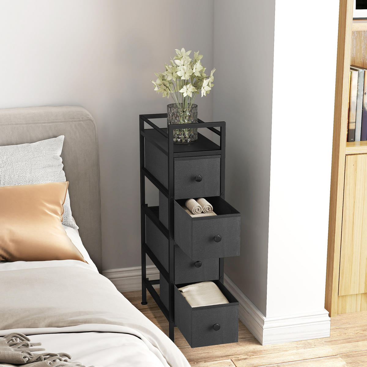 KOMMODE Schrank mit 4 Schubladen aus Vliesstoff Schmal Aufbewahrungsschrank - Schwarz, Kunststoff/Textil (43/81.5/20cm) - HOMCOM