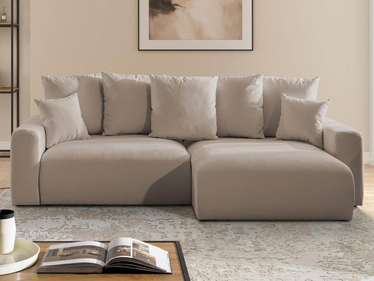 ECKSOFA Calma mit Schlaffunktion und Bettkasten im Bumpy-Design aus weichem Greige Webstoff - Ottomane rechts - Greige/Schwarz, Holz/Kunststoff (140/239cm) - S-Style