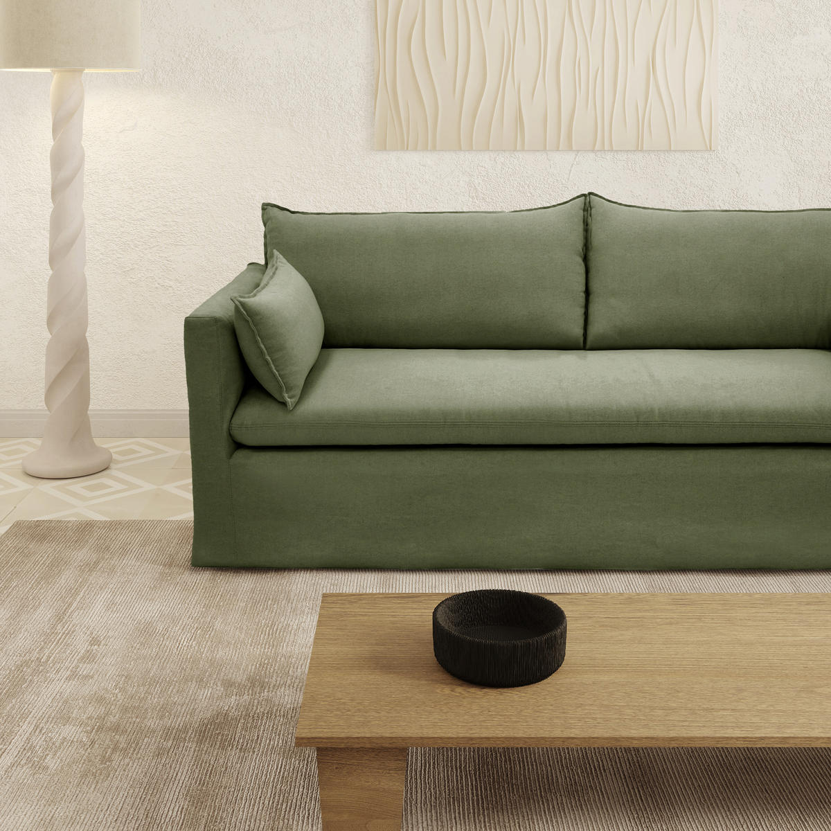 SOFA 3-SITZER Leinen und Baumwolle Khakigrün 206cm - Olivgrün/Grün, Textil (206/93/89cm) - Sia Home