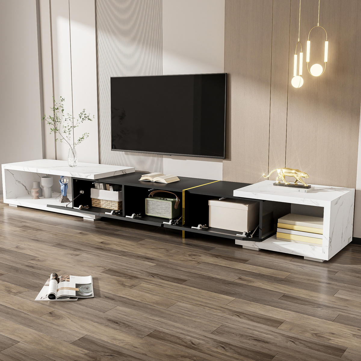 LOWBOARD 140-260 cm aus MDF und Spanplatte mit dreh- und ausziehbarer Funktion Schwarz/Weiße Marmoroptik - Schwarz, Holzwerkstoff (260/30/40cm) - Modenvie
