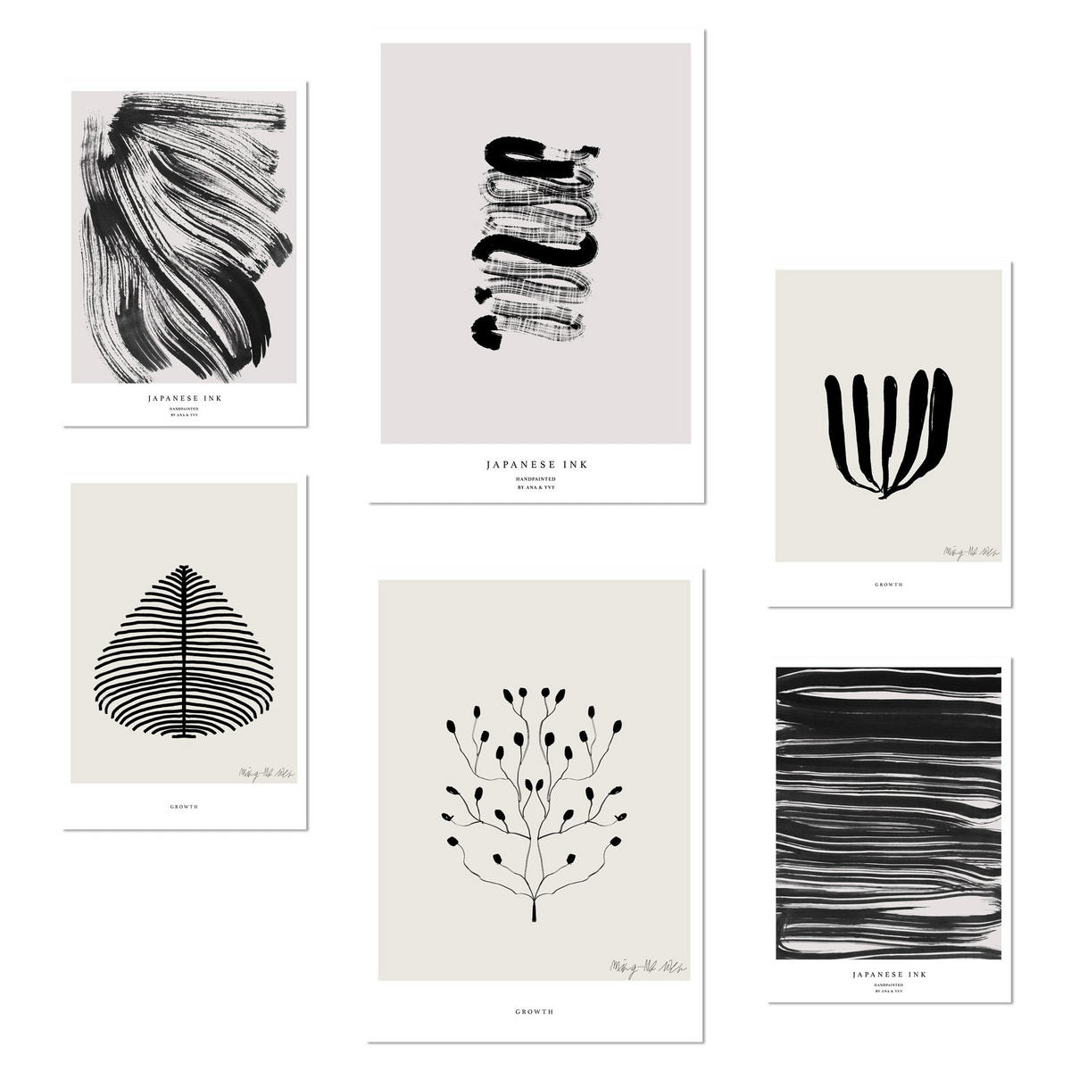 POSTER Set Mit 6 Abstrakte Kunst In Schwarzweiß Pinselstriche A3 & A4 Rahmenlos - Klar, Papier (29/3cm) - Nacnic