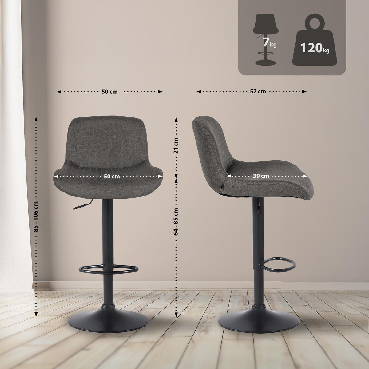 BARHOCKER Stoff dunkelgrau - Dunkelgrau/Schwarz, Textil/Metall (50/85/50cm) - CLP