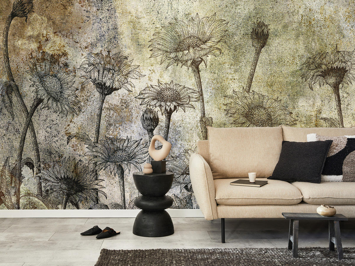 FOTOTAPETE Abstrakte Sonnenblumen Beton Retro 500x350 - Beige/Braun, Papier (500/350cm) - Muralo