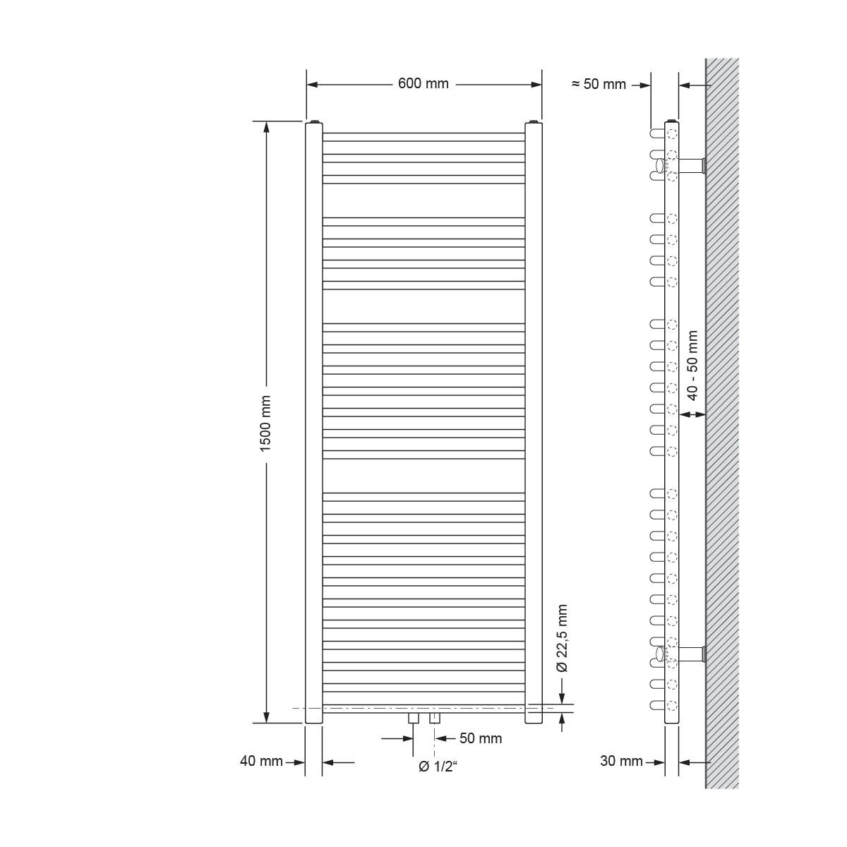 BADHEIZKÖRPER Sahara 600x1500 mm Weiß gebogen mit Mittelanschluss - Weiß, Metall (60/150/5cm) - LuxeBath