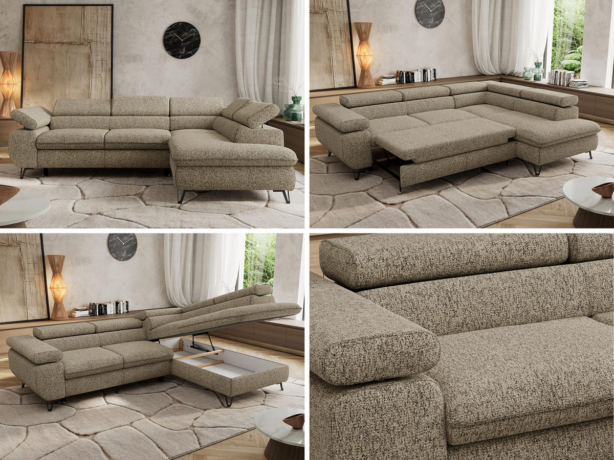 ECKSOFA PABLO L Dunkelbeige Struktur - Rechts Seite mit Visco Topper - Greige/Schwarz, Textil/Metall (273/208cm) - MKS