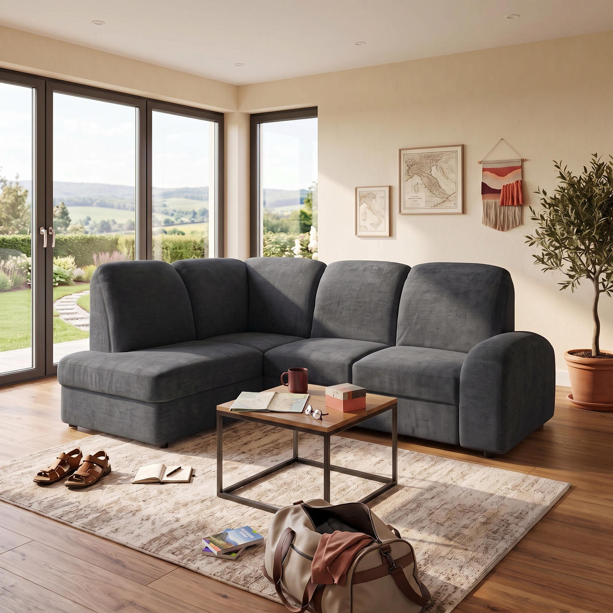 ECKSOFA VIBE L Links mit Schlaffunktion 129x205 Chenille Anthrazit - Anthrazit/Schwarz, Holz/Kunststoff (186/250cm) - Muffo