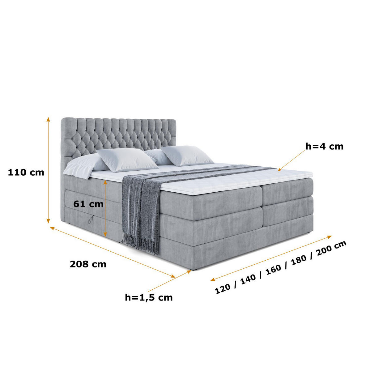 BOXSPRINGBETT SERENE KING - 160 x 200 - H3/H4 - Grau - Grau, Holzwerkstoff (160/200cm) - ALTDECOR