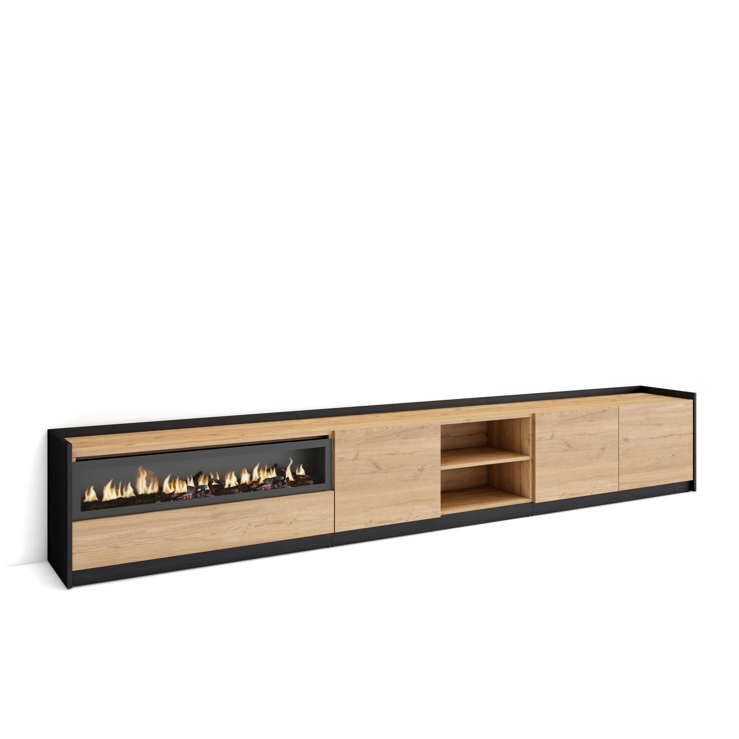 TV-SCHRANK, Lowboard, Eiche Schwarz, Elektrokamin, 310/37/50cm - Eichefarben, Holzwerkstoff (310/50/37cm) - Skraut Home