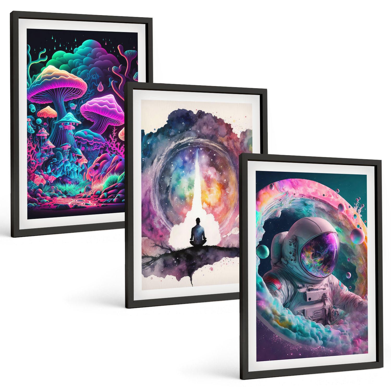 BILDER SET 3er Set - 40x60 cm Schwarzer Rahmen - Farbenfrohe Fantasy-Kunstillustrationen - Schwarz, Kunststoff (40/60cm) - TULUP