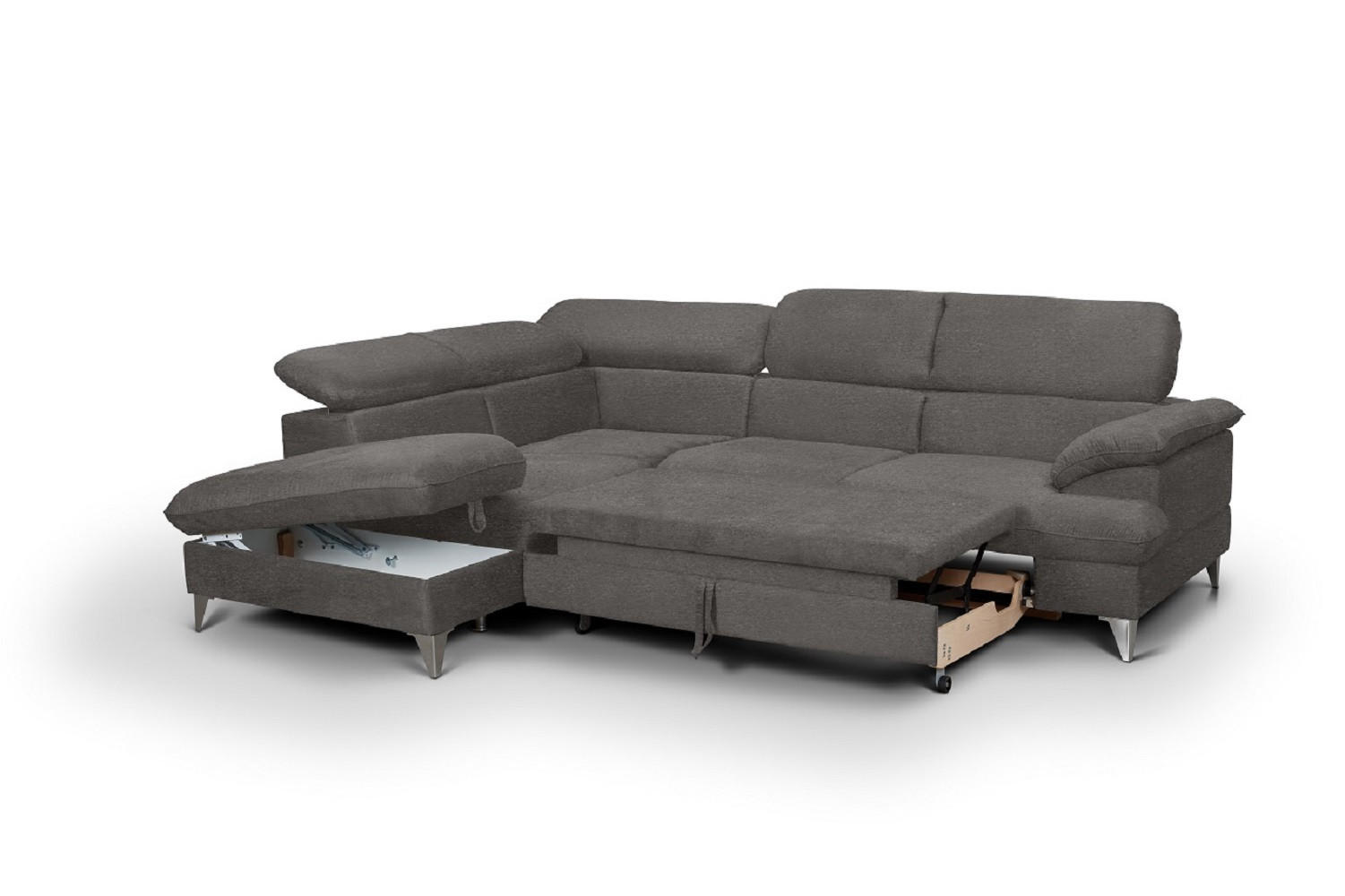 ECKSOFA mit Schlaffunktion und Bettkasten, verstellbare Kopfstützen - Chromfarben/Anthrazit, Textil/Metall (256/208cm) - Cotta