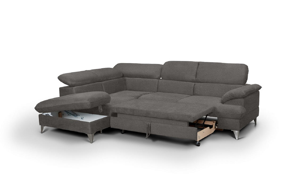 ECKSOFA mit Schlaffunktion und Bettkasten, verstellbare Kopfstützen - Chromfarben/Anthrazit, Textil/Metall (256/208cm) - Cotta