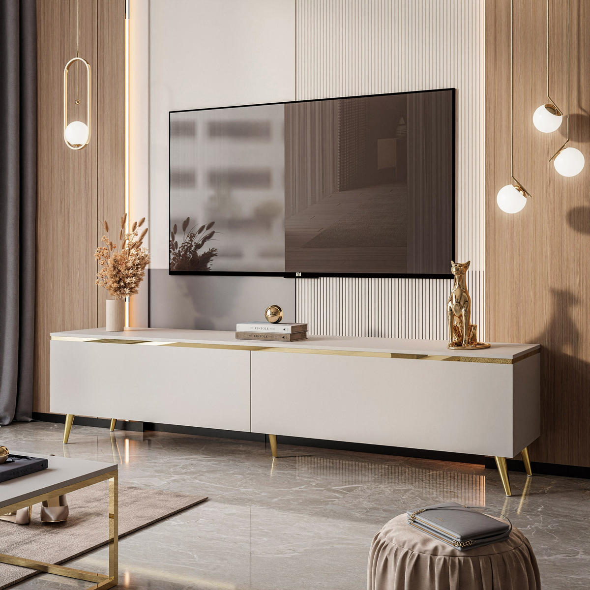 LOWBOARD RTV AURORA Kaschmir mit schräge Goldchrom Fuße und LED Beleuchtung - Kaschmir/Goldfarben, Holzwerkstoff/Metall (180/45/40cm) - Lookway