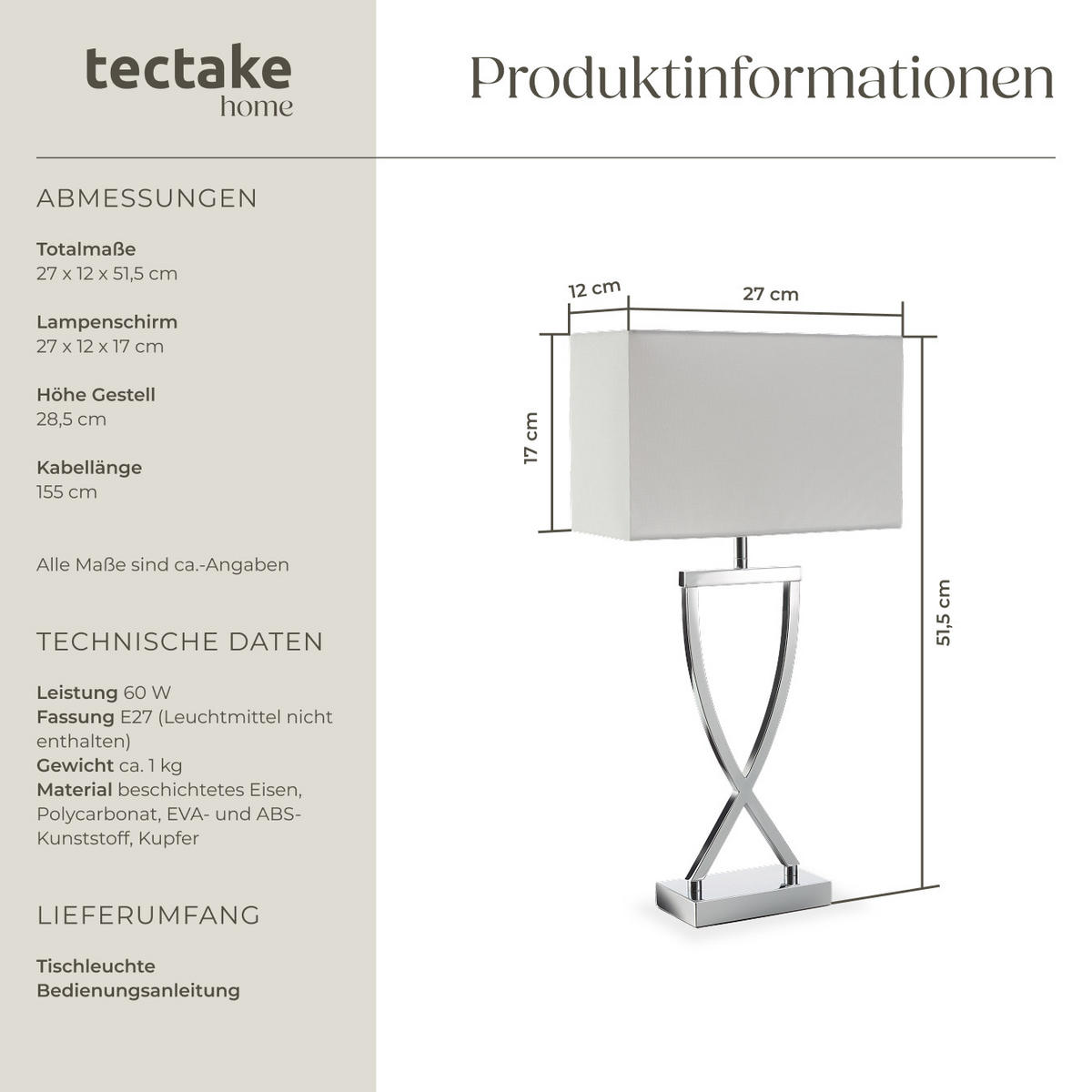 TISCHLEUCHTE Avina,27 x 12 x 51,5 cm,chromfarben - Chromfarben, Metall (12/27/51.5cm) - tectake
