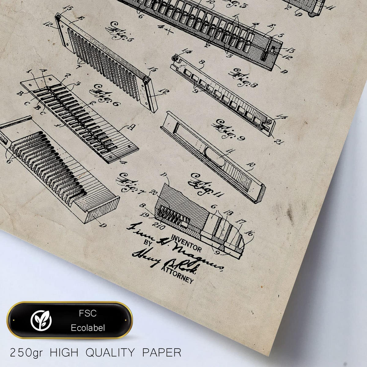 POSTER Set Mit 6 Plakaten Mit Blasinstrument Patenten Im Vintage Stil A3 & A4 Schwarzer Rahmen - Schwarz, Papier (29/3cm) - Nacnic