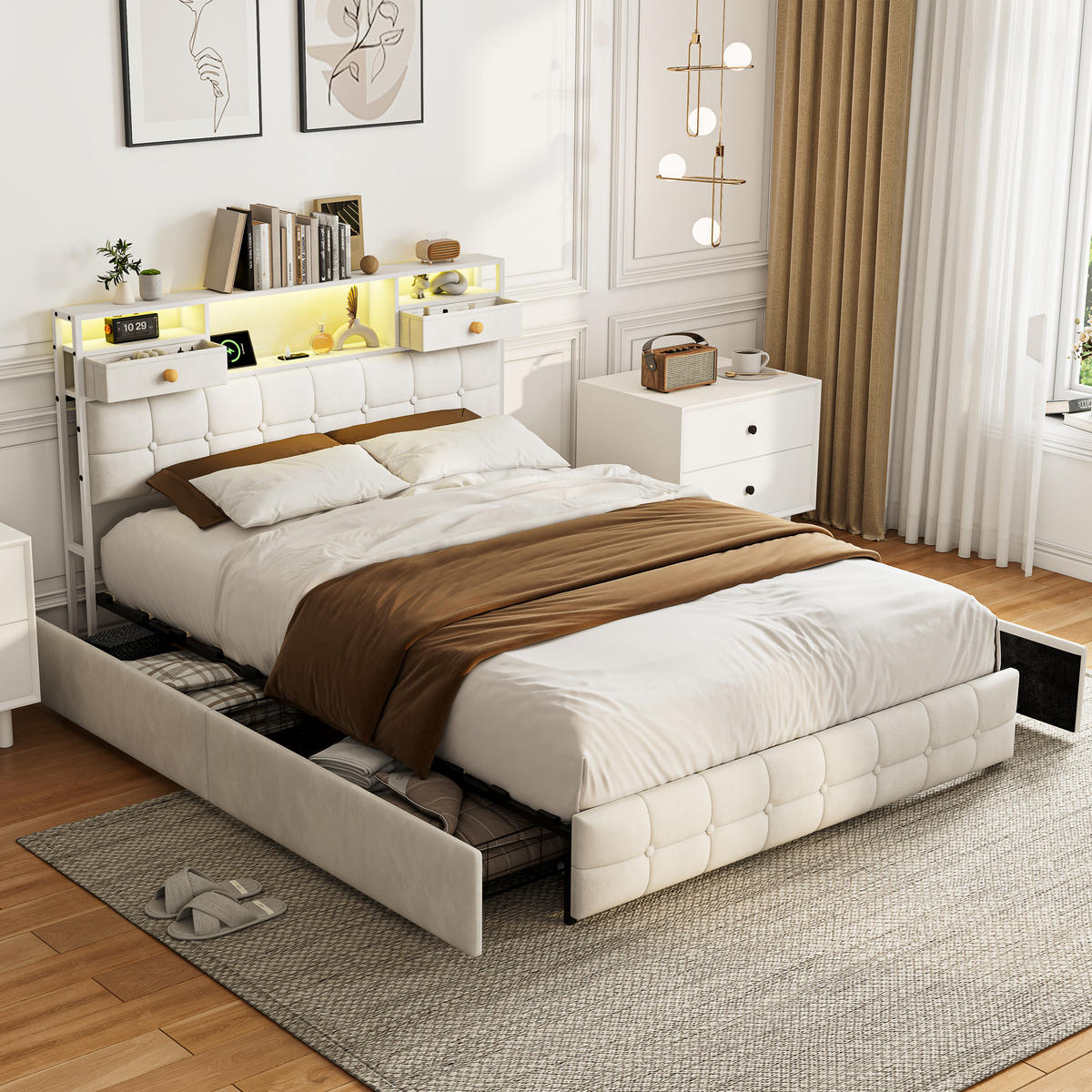 POLSTERBETT 140x200 cm mit LED, USB & 4 Schubladen, Cremeweiß - Creme, Metall (140/200cm) - EuroLiving