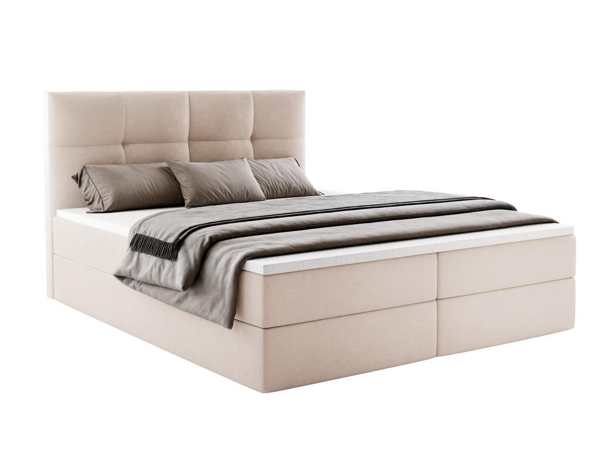 BOXBETT MORENO mit Bettkasten 180x200 cm inkl. Bonell-Federkernmatratze H3 und Topper – Polsterbett Stoff ASTI Creme - Creme, Textil (180/200cm) - Luxkor24