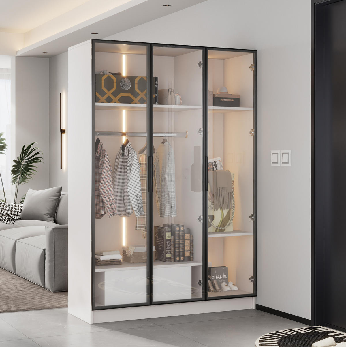 KLEIDERSCHRANK 110/160/50 cm Weiß aus Spanplatte mit LED-Beleuchtung - Weiß, Holzwerkstoff (50/160/110cm) - OKMYHOME