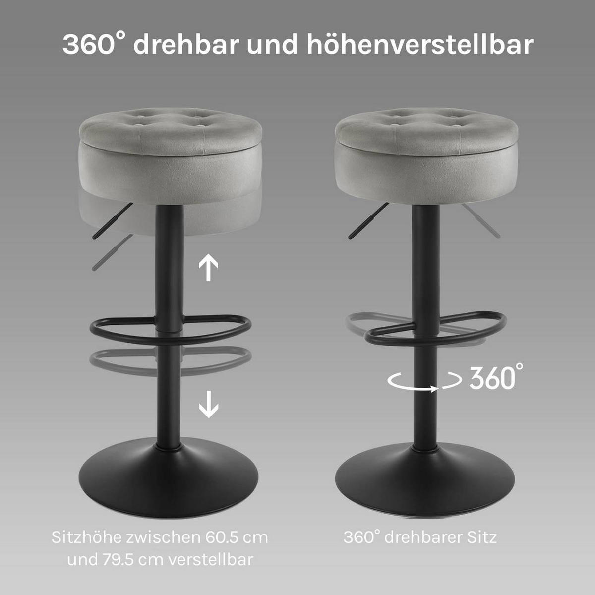 BARHOCKER 4er Set, drehbar, Samt, Hellgrau - Hellgrau/Schwarz, Textil/Metall (39/60.5/39cm) - Woltu