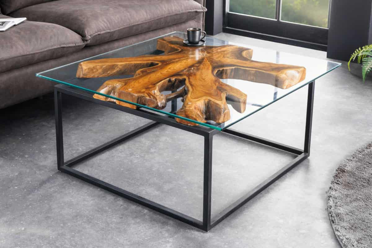 COUCHTISCH ROOT Teakholz quadratisch Natur|Schwarz|Transparent 70cm - Transparent/Schwarz, Glas/Holz (70/70/40cm) - riess-ambiente