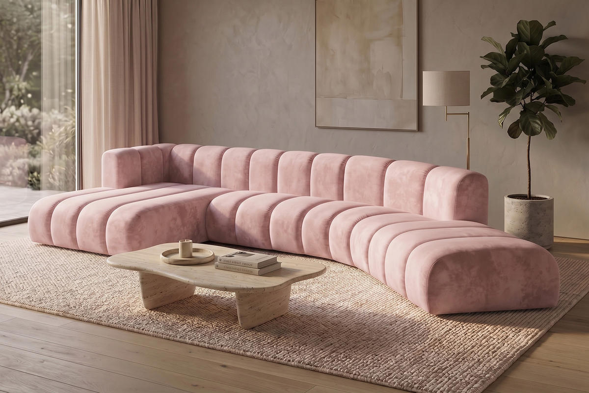 ECKSOFA Modulares In L-Form, Velvet-Stoff Riviera, Hellrosa, Links, GRAND Round - Hellrosa, Holz (445/179cm) - Kaiser Möbel